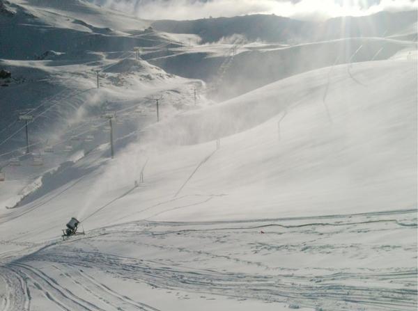 A snowgun firing at Mt Hutt looking up Broadway